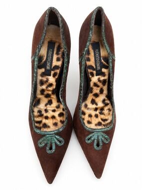 Roberto Cavalli 2000s Brown Suede Pumps with Croc Detailing RARE 46 US 6